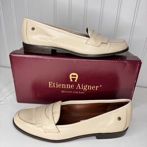 Etienne Aigner Sz 7.5 M Buckingham Leala Alabaster Leather SlipOn Penny Loafer